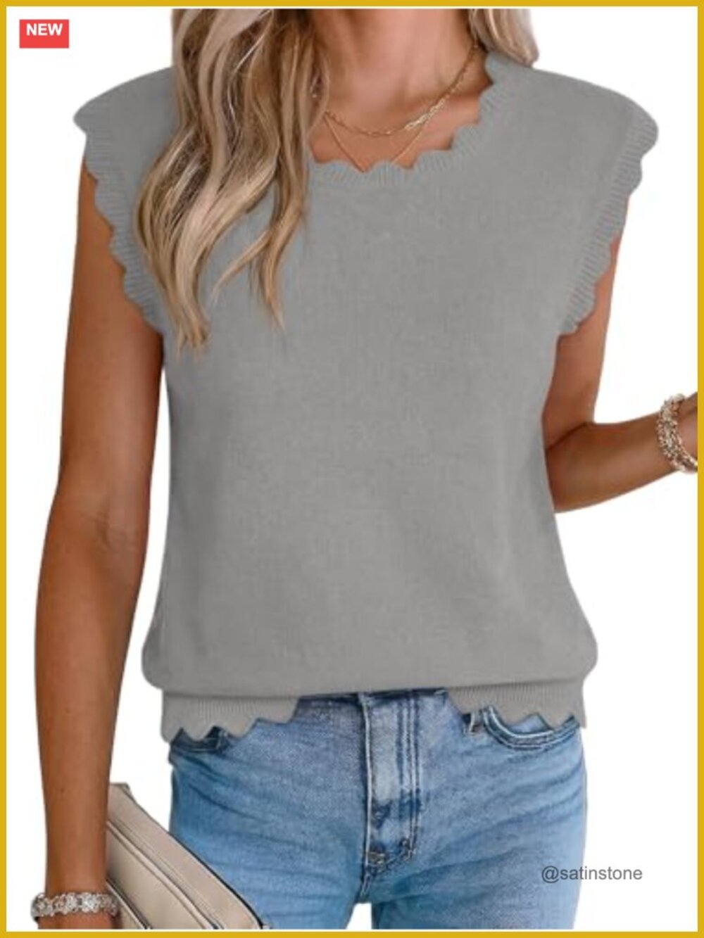 Scallop Trim Sleeveless Knit Tank Top Loose Fit Casual